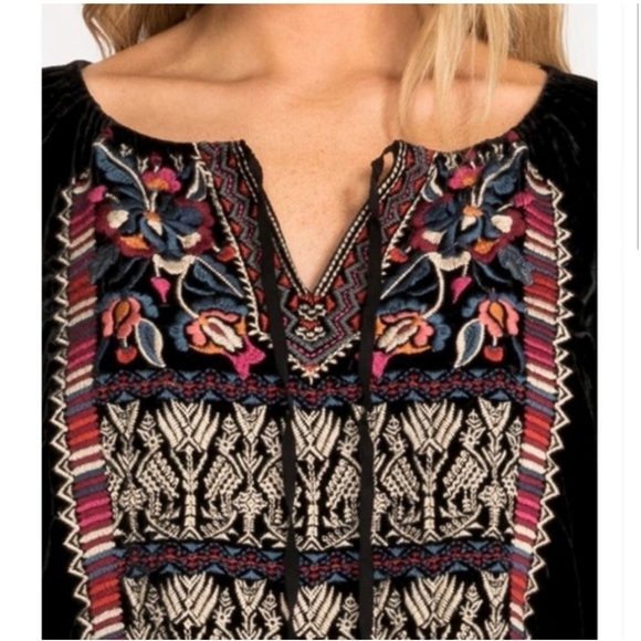 Johnny Was Silk Blend Claude Black Velvet Embroidered Peasant Tunic Top Sz Large - Picture 3 of 12
